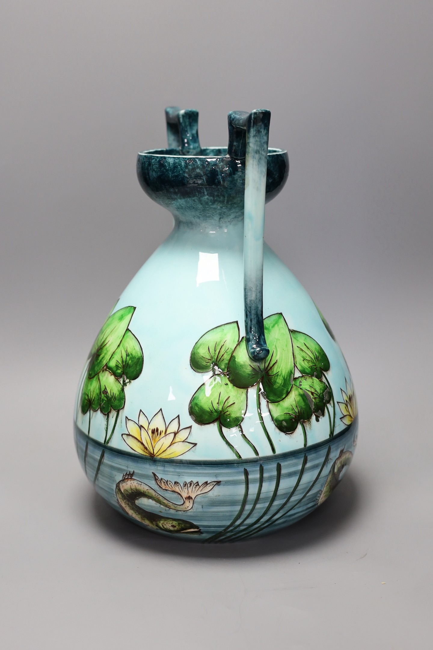 A Julius Dressler two handle ‘lily pond’ pottery vase, 36cm high